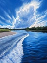 Serene River Landscape with Dramatic Clouds A captivating depiction of a river scene showcasing reflective water rolling waves Royalty Free Stock Photo