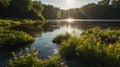 Serene Sunset River Landscape with Yellow Flowers and Lush Green Forest Royalty Free Stock Photo