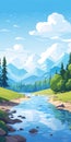 Serene River Landscape: A Whistlerian Illustration In Turquoise And Sky-blue