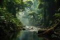 A serene river meanders through a lush green forest, creating a calming and picturesque scene., River in rainforest, AI Generated