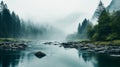 Serene River In A Misty Forest