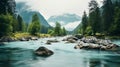 Serene River In The Mountains: A Captivating Scene Of Hazy Romanticism