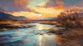 Serene River Painting With Vibrant Evening Sky