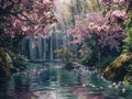 A serene river scene featuring vibrant pink flowers in the center Royalty Free Stock Photo
