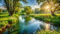 Serene river scene sunlit meadow, lush greenery, tranquil waters. Generative AI Royalty Free Stock Photo