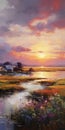 Charming Sunset Painting Of Water And Grassy Meadow In The Style Of Dmitri Danish