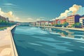 Serene Riverfront Cityscape with Reflective Water and Clear Sky - Urban Landscape Illustration