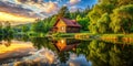 Serene Riverfront Cottage Panoramic View Captures Rustic Charm and Tranquil Reflection Royalty Free Stock Photo