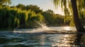 Golden Hour Water Splash near Weeping Willow Tree Royalty Free Stock Photo