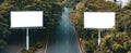 The serene roadway flanked by blank billboards surrounded by lush greenery. AI generated image Royalty Free Stock Photo