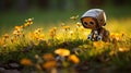 A serene robot gently sniffing a single flower in an expansive open space, perfect for text Royalty Free Stock Photo