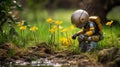 A serene robot sniffing a single flower in an expansive open space, perfect for text placement Royalty Free Stock Photo