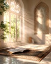 Sunlit Room with Prayer Mat and Open Book Amidst Tranquil Decor Royalty Free Stock Photo