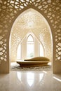 A serene room with a couch and a window featuring a mesmerizing archway adorned with intricate islamic arabesque patterns
