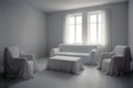 Serene all-white room with sofa, chairs, and table draped in white fabric under soft natural light Royalty Free Stock Photo
