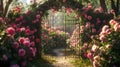 Serene Rose Garden Archway Leading to a Secret Path. Blossoming flowers and a touch of mystery. Romantic nature scene