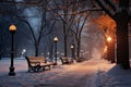A serene row of park benches covered in snow, providing a peaceful spot in a winter landscape, A twilight scene of a city park Royalty Free Stock Photo