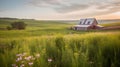 Serene rural landscape featuring a green field with a wooden house in the background. AI-generated. Royalty Free Stock Photo