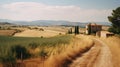 Serene rural landscape featuring a narrow path with fields and hills in the distance. AI-generated. Royalty Free Stock Photo