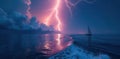 Serene sailboat navigating a dramatic ocean twilight under a vibrant lightning storm. Generative AI Royalty Free Stock Photo