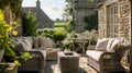 Serene Sanctuary: Rustic Elegance Flourishes in a Countryside House Patio Garden Lounge with Classic Sofa Royalty Free Stock Photo