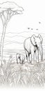 Serene Savanna: Mother And Baby Elephant Coloring Page For Adults Royalty Free Stock Photo