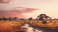 Serene Savanna Sunset: A Beautiful River In African-inspired Matte Painting Royalty Free Stock Photo