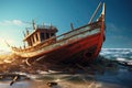 A serene scene of a boat gently resting on a sandy beach, with the ocean waves reflecting a sense of calm in the background, Wreck