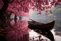 Serene scene of boats by the lake, surrounded by vibrant pink blossom trees. Royalty Free Stock Photo