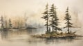 Misty Watercolor Painting Of Pine Trees By The River