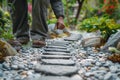 Mature man walking on peaceful garden path with lush greenery