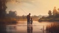 A serene scene, capturing a father and his daughter fishing together, symbolizing the Father\'s Day