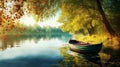 Serene scene of a classic wooden rowing boat peacefully resting on the tranquil surface of a calm lake