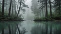 a serene scene of dense fog enveloping a peaceful natural landscape