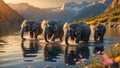 Majestic Elephants Crossing a Mountain Lake at Sunset Royalty Free Stock Photo
