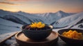 Delicious Black Rice Bowl with Mango Garnish at Sunset Mountain View Royalty Free Stock Photo