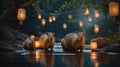 Capybaras at Night: Magical River Scene with Lanterns Royalty Free Stock Photo