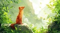 Yellow Mongoose Sitting on a Rock in Lush Green Jungle, Sunlight Streaming Through Leaves Royalty Free Stock Photo
