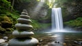 Zen Stone Stack by Lush Waterfall in Verdant Forest Royalty Free Stock Photo