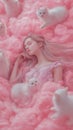 Dreamy slumber among fluffy kittens in pink clouds