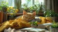 A serene scene with a ginger cat peacefully napping on a vibrant yellow knitted blanket, with houseplants and books in a sunlit