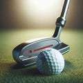 Golf ball sits on green with putter sitting behind Royalty Free Stock Photo