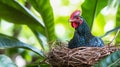 A Serene Scene of a Hen Brooding in Its Nest Amidst a Lush Green Landscape of Rustic Aviculture Royalty Free Stock Photo