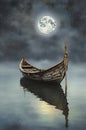 A serene scene of a lone boat under a full moon's light, surrounded by tranquil waters and a starry sky Royalty Free Stock Photo