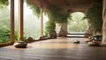 Serene scene of a meditation retreat wooden yoga place full of vegetation