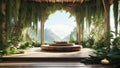 Serene scene of a meditation retreat wooden yoga place full of vegetation