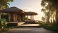 Serene scene of a meditation retreat wooden yoga place full of vegetation