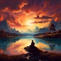 Serene Scene with Mysterious Figure and Vibrant Sunset