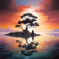 Serene Scene with Mysterious Figure and Vibrant Sunset