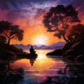 Serene Scene with Mysterious Figure and Vibrant Sunset